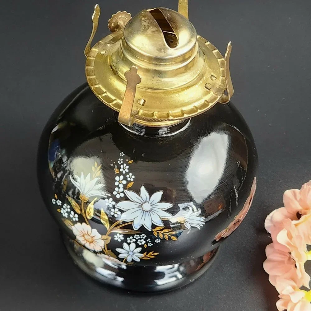 Vintage Oil Lamp - Black Base - Floral Design - 14 1/4